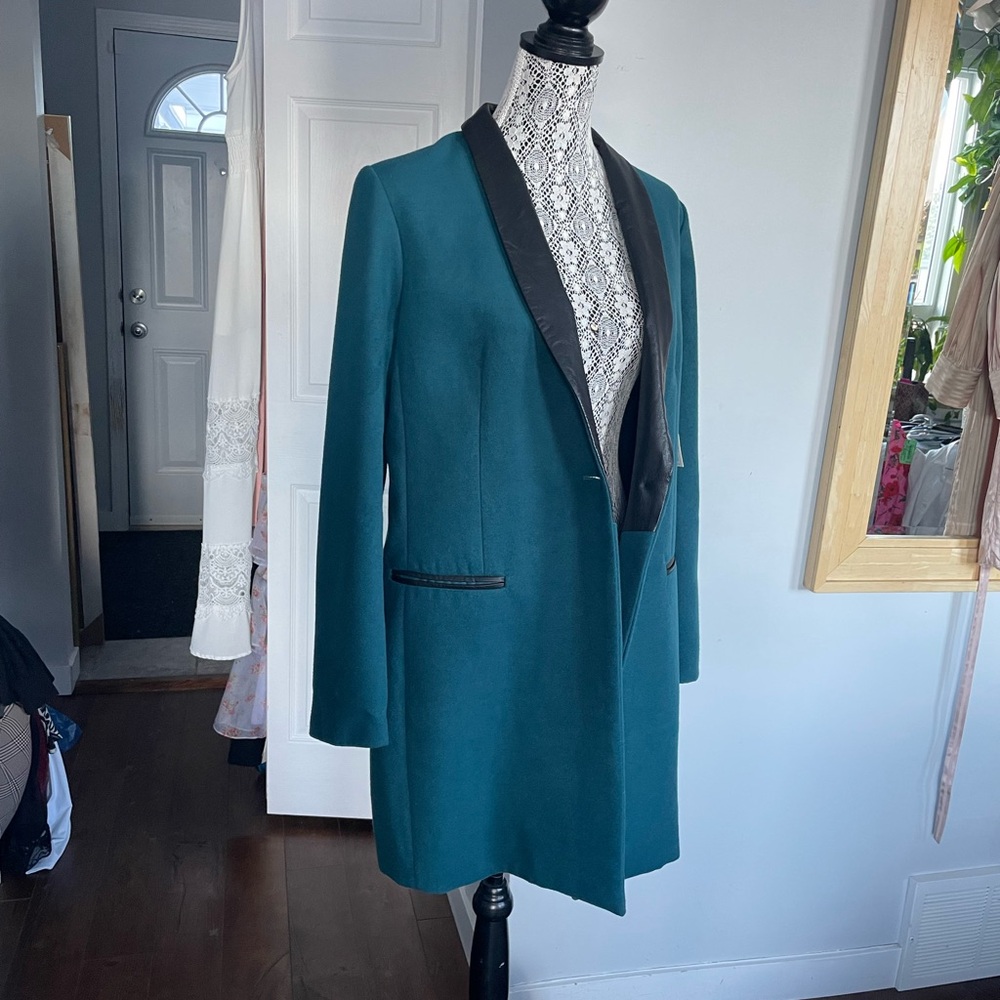 NWT BB Dakota Teal Coat Blazer Jacket With Real Leather Trim. Large. - Picture 6 of 10
